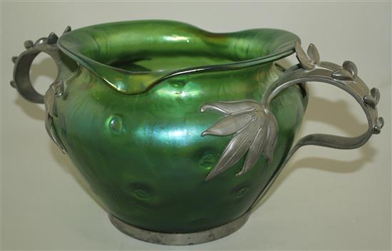 A Loetz style Art Nouveau iridescent green glass and pewter mounted bowl, c.1905, width 44cm
